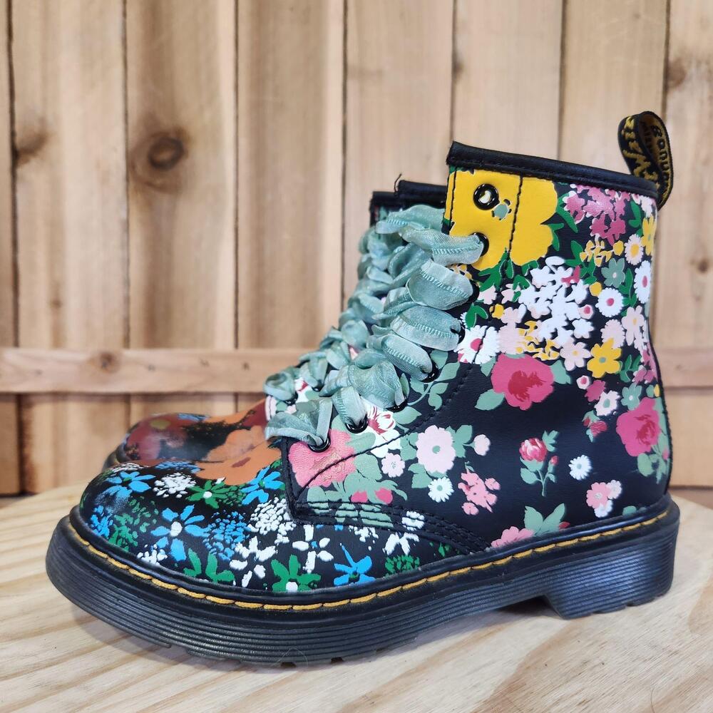 Dr Martens 1460 J Boots Kids Size 2 Floral Print Combat Lace Up Side Zip Ankle